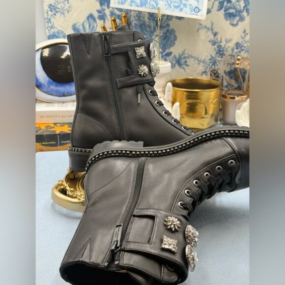 🆕 KURT GEIGER LONDON 🧿 NWOB Stoop Black Leather Combat Boot, Crystal Sz 37 US7 - Picture 11 of 15